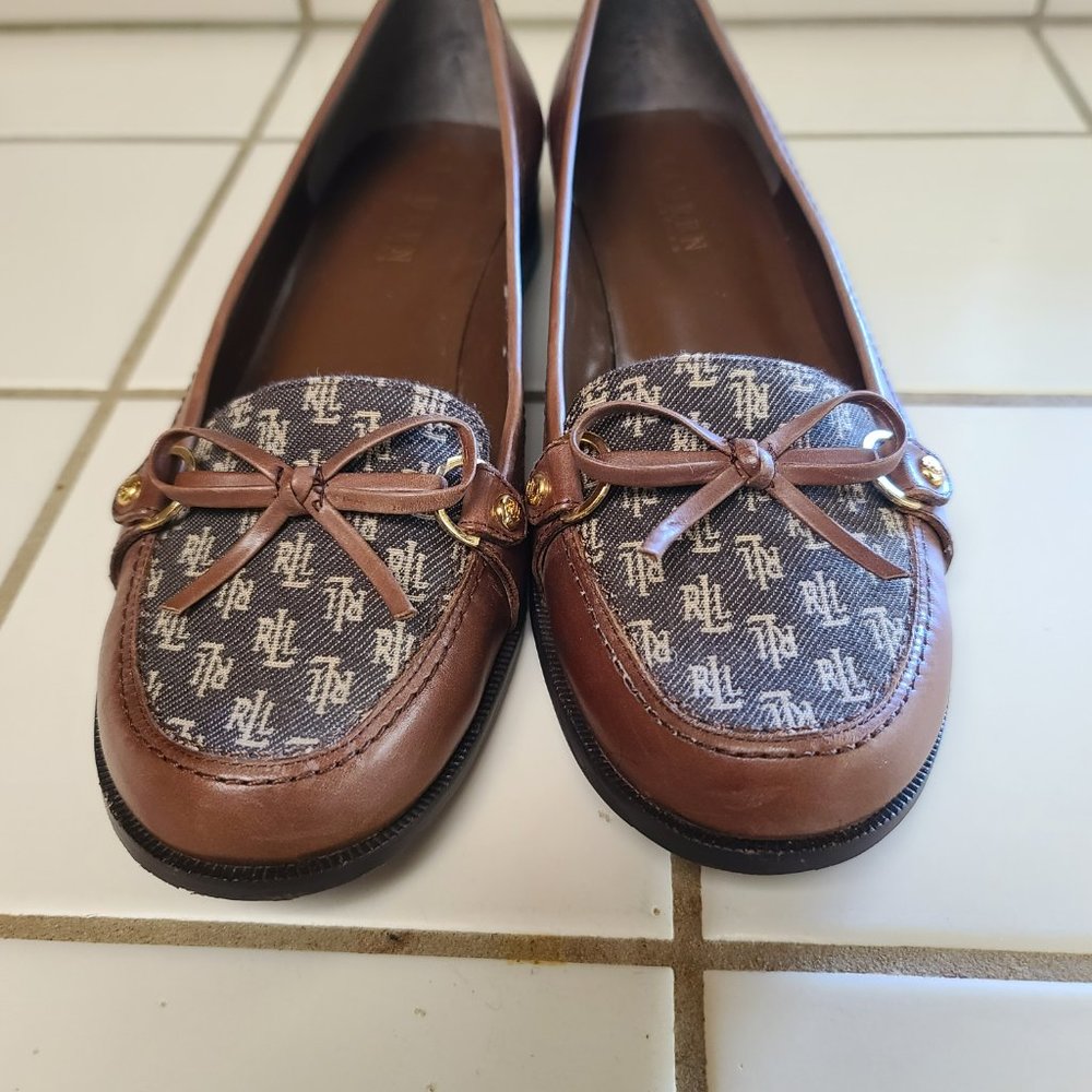 Ralph Lauren Leather and Cloth Monogrammed Loafers Size 9